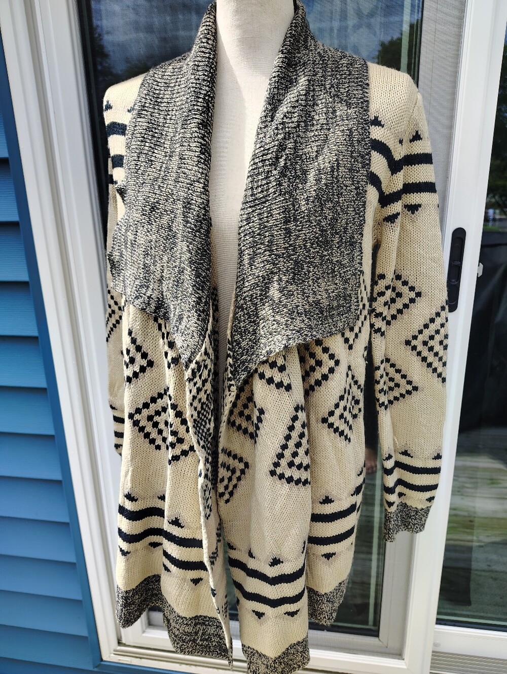 Charming Charlie Aztec Geometric Open Front Waterfall Cardigan Soft Sweater
